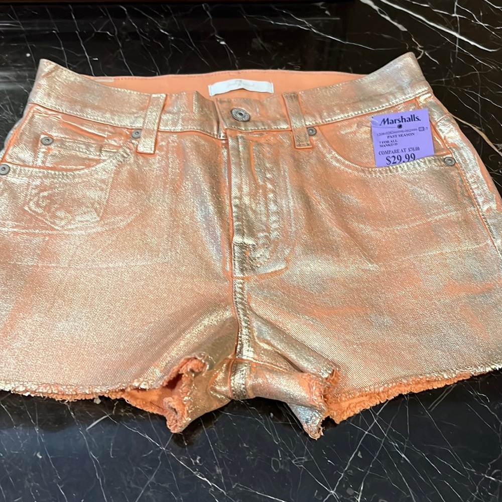 7 For Mankind Peach-Gold Metallic Shorts; 24